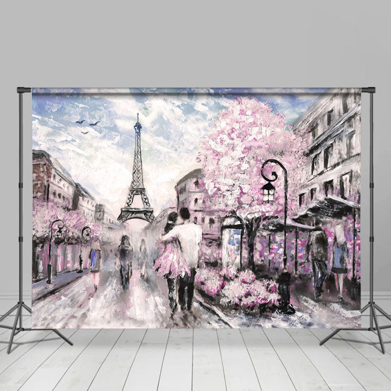 Lofaris Watercolor Pink Cherry Floral Paris Street Backdrop