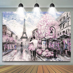 Lofaris Watercolor Pink Cherry Floral Paris Street Backdrop