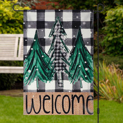 Lofaris Welcome Green Xmas Tree Plaid Christmas Garden Flag