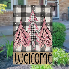 Lofaris Welcome Pine Trees Checkered Christmas Garden Flag