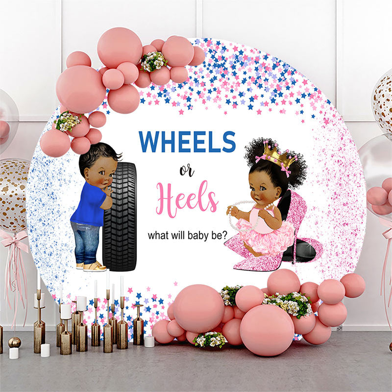 Lofaris Wheels Or Heels Stars Round Gender Reveal Backdrop