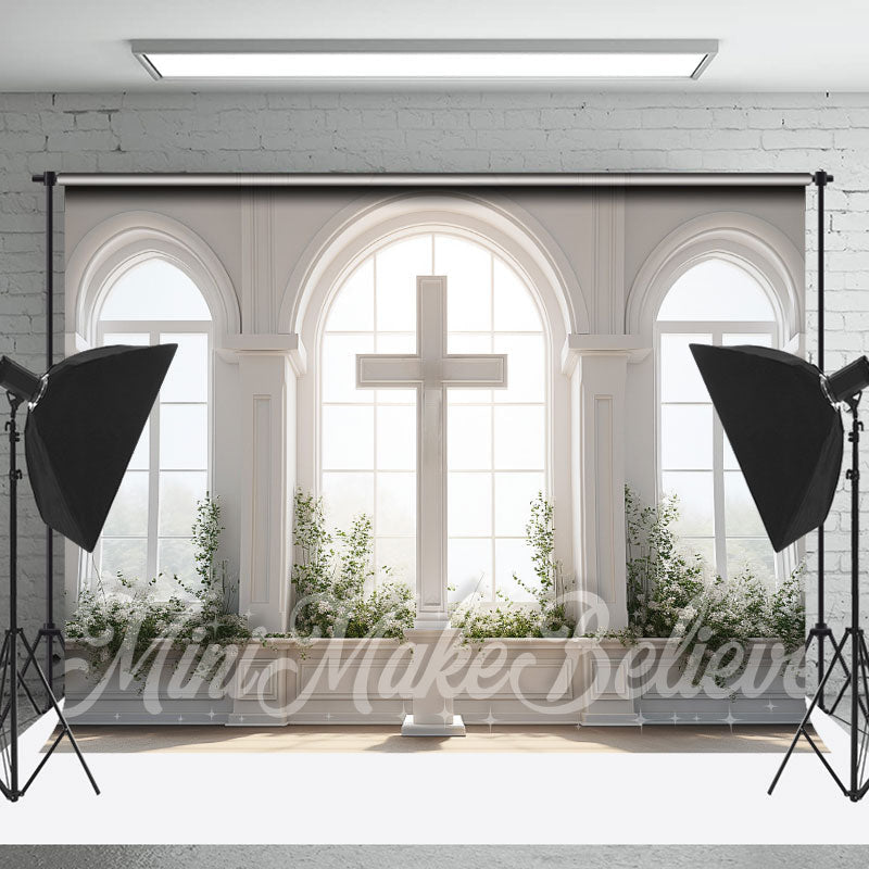 Lofaris White Arched Window Cross Easter Photo Backdrop