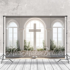 Lofaris White Arched Window Cross Easter Photo Backdrop