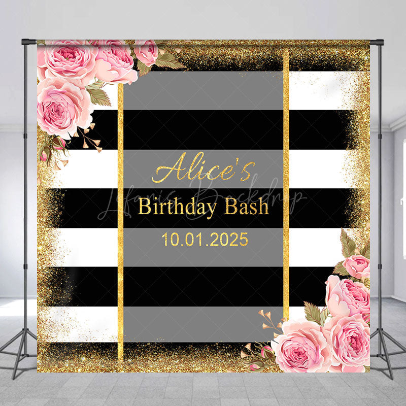 Lofaris White Black Stripe Flower Custom Birthday Backdrop