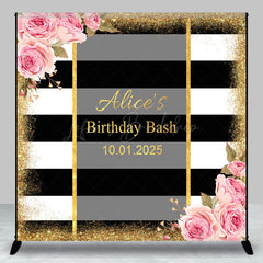 Lofaris White Black Stripe Flower Custom Birthday Backdrop