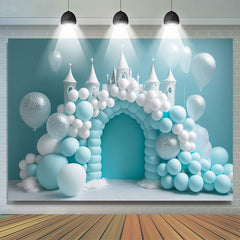 Lofaris White Blue Balloon Castle Birthday Cake Smash Backdrop