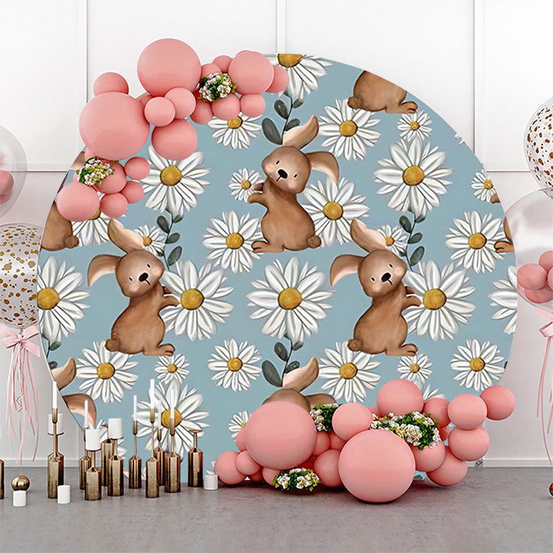 Lofaris White Blue Floral Rabbits Round Birthday Backdrop