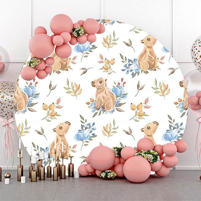 Lofaris White Blue Floral Wombat Round Birthday Backdrop