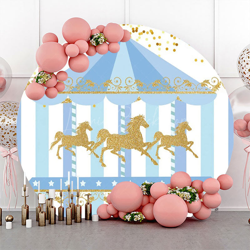 Lofaris White Blue Gold Carousel Circus Round Party Backdrop