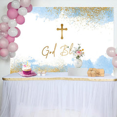 Lofaris White Blue Gold Cross God Bless Baptism Backdrop