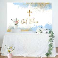 Lofaris White Blue Gold Cross God Bless Baptism Backdrop