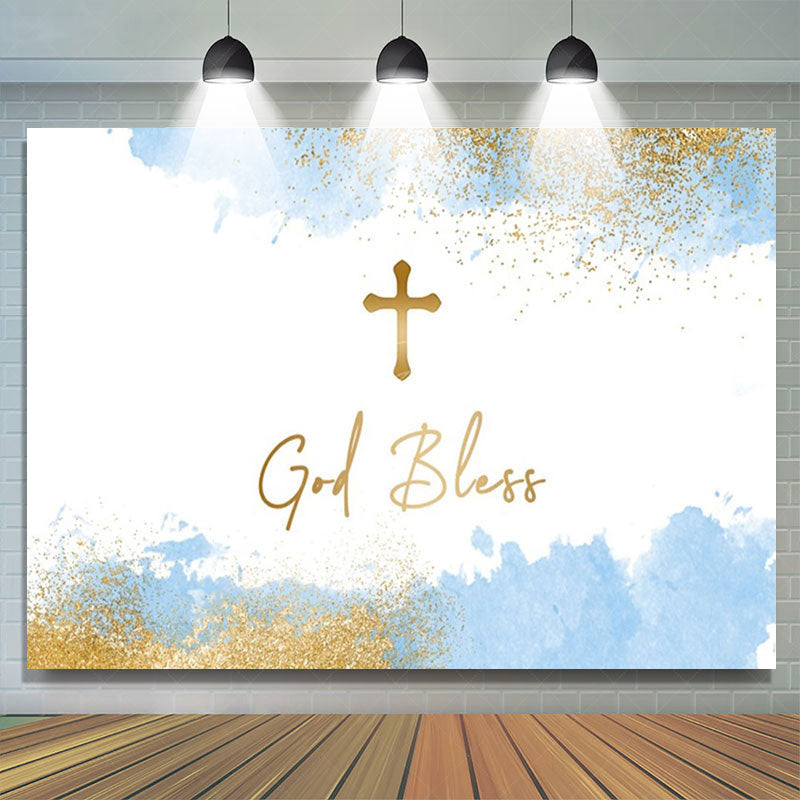 Lofaris White Blue Gold Cross God Bless Baptism Backdrop