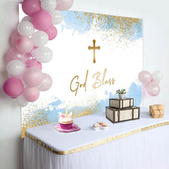 Lofaris White Blue Gold Cross God Bless Baptism Backdrop