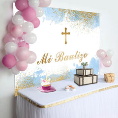 Lofaris White Blue Gold Cross Mi Bautizo Baptism Backdrop