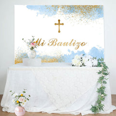 Lofaris White Blue Gold Cross Mi Bautizo Baptism Backdrop