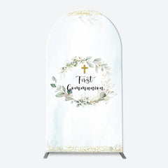 Lofaris White Blue Leaves Gold Cross Arch Baptism Backdrop