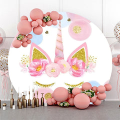 Lofaris White Blue Pink Gold Unicorn Round Birthday Backdrop