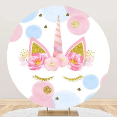 Lofaris White Blue Pink Gold Unicorn Round Birthday Backdrop