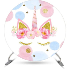 Lofaris White Blue Pink Gold Unicorn Round Birthday Backdrop