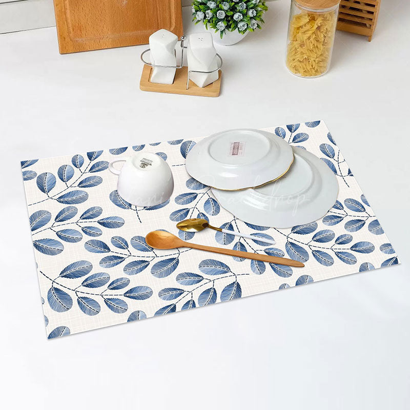 Lofaris White Blue Plant Leaves Modern Set Of 4 Placemats