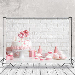 Lofaris White Brick Wall Pink Desserts Cake Smash Backdrop