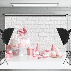 Lofaris White Brick Wall Pink Desserts Cake Smash Backdrop