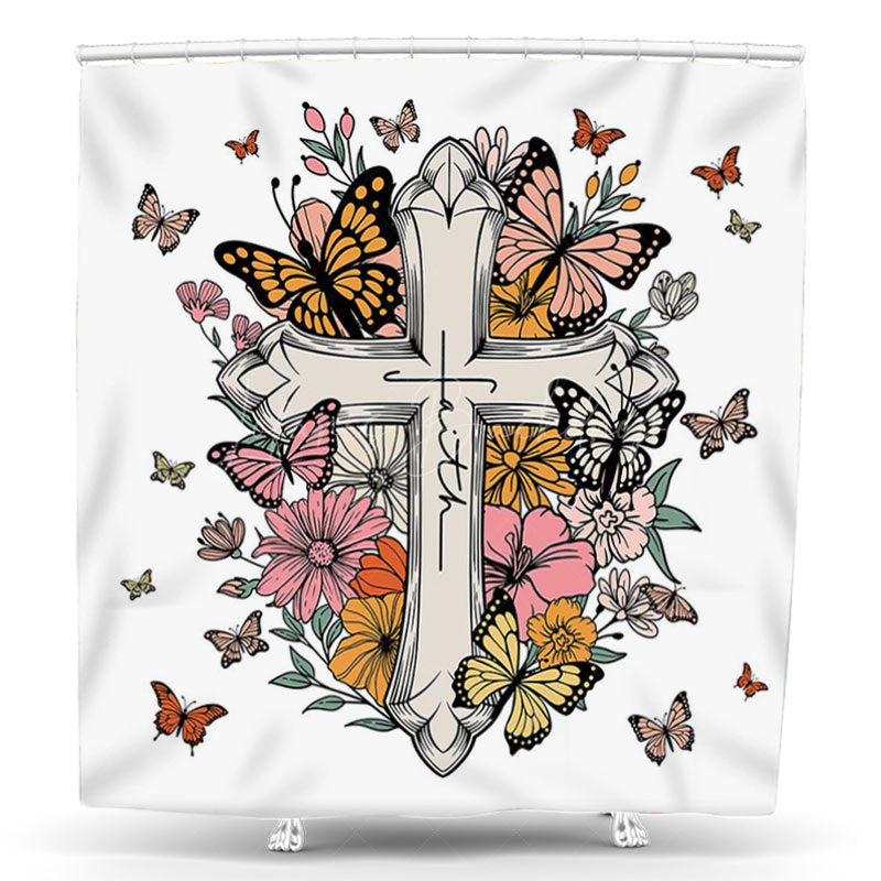 Lofaris White Butterfly Cross Floral Easter Shower Curtain