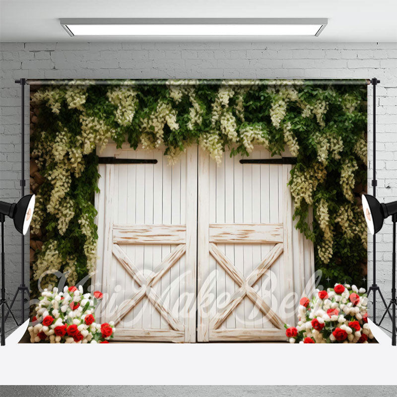 Lofaris White Creeper Flowers Wooden Door Spring Backdrop