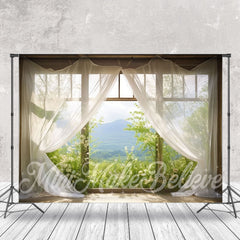 Lofaris White Curtain Window Green Plants Mountain Backdrop