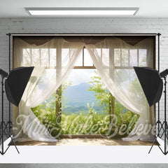 Lofaris White Curtain Window Green Plants Mountain Backdrop