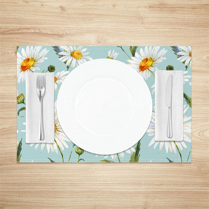 Lofaris White Daisy Floral Cyan Repeat Set Of 4 Placemats