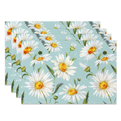 Lofaris White Daisy Floral Cyan Repeat Set Of 4 Placemats