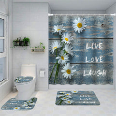 Lofaris White Daisy Live Love Laugh Blue Wood Shower Curtain