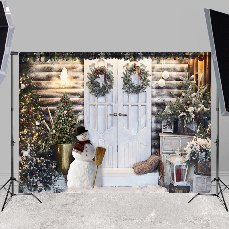 Lofaris White Door And Light Snowman Winter Party Backdrop