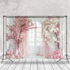 Lofaris White Door Pink Curtain Floral Tree Wedding Backdrop