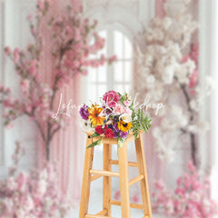 Lofaris White Door Pink Curtain Floral Tree Wedding Backdrop