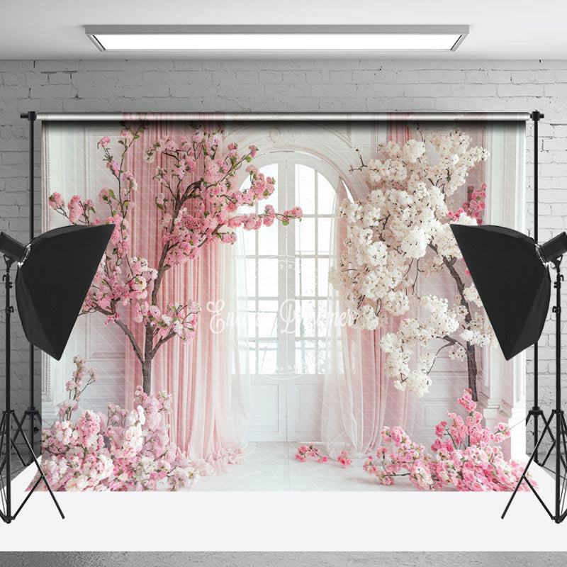 Lofaris White Door Pink Curtain Floral Tree Wedding Backdrop