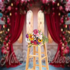 Lofaris White Door Red Curtain Floral Photoshoot Backdrop