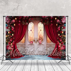 Lofaris White Door Red Curtain Floral Photoshoot Backdrop