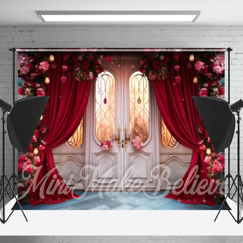 Lofaris White Door Red Curtain Floral Photoshoot Backdrop