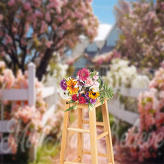 Lofaris White Fence Path Pink Flower Tree Spring Backdrop