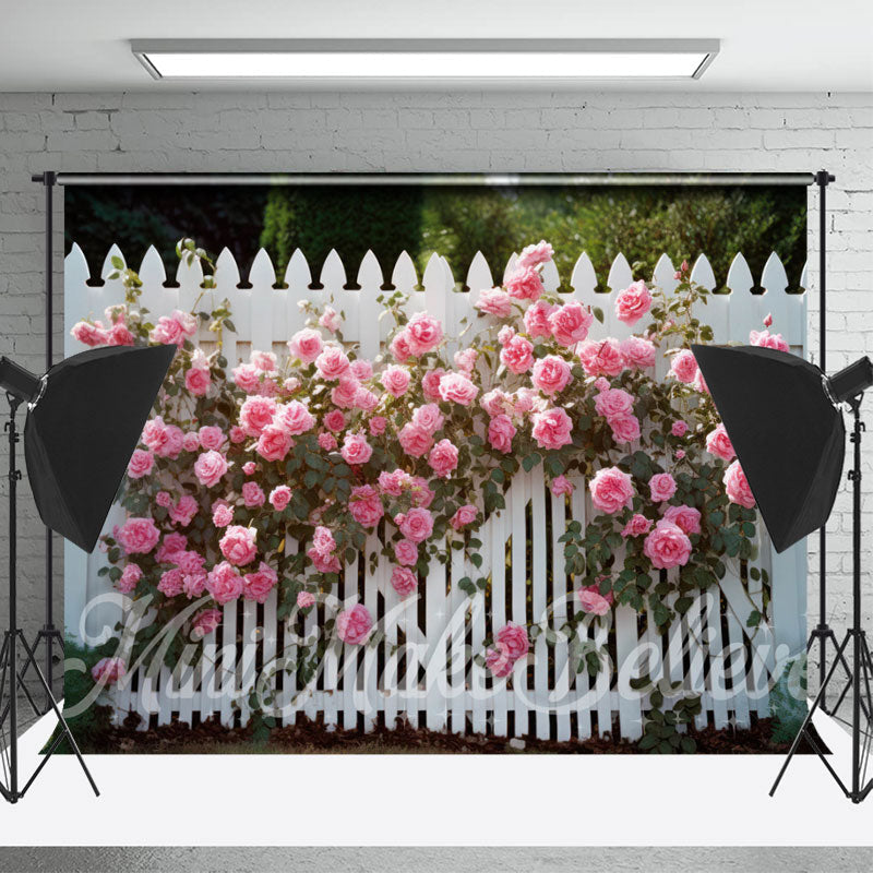 Lofaris White Fence Pink Flowers Garden Backdrop For Photo