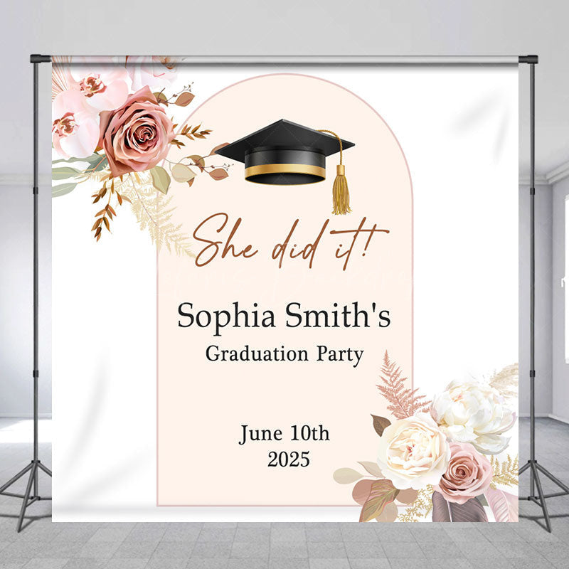 Lofaris White Floral Bachelor Cap Custom Grad Party Backdrop