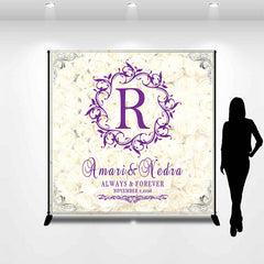 Lofaris White Floral Bokeh Purple Text Custom Wedding Backdrop