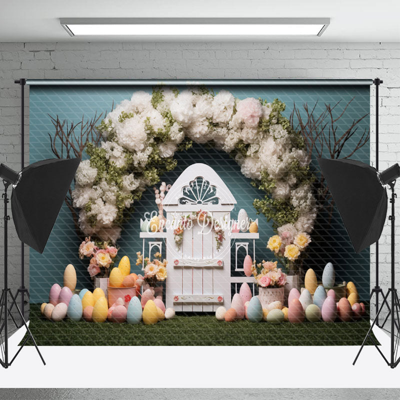 Lofaris White Floral Door Colorful Egg Easter Photo Backdrop