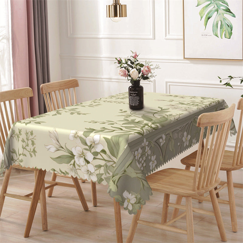 Lofaris White Floral Green Vine Spring Rectangle Tablecloth