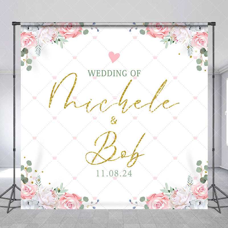 Lofaris White Floral Leaves Custom Name Wedding Backdrop