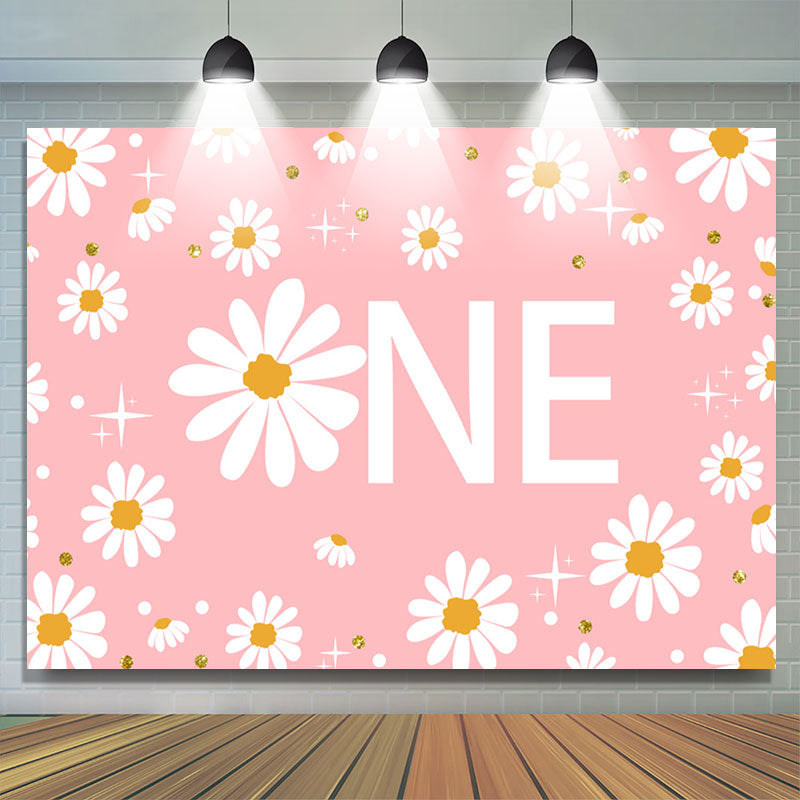 Lofaris White Floral Shining Pink 1st Birthday Backdrop For Girl