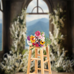 Lofaris White Floral Window Mountain Retro Wall Backdrop