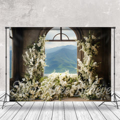 Lofaris White Floral Window Mountain Retro Wall Backdrop